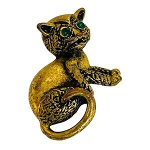 Vintage Gold-Tone Cat Brooch With Green Rhinestone Eyes